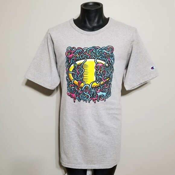 Vintage Champion Big C Logo T Shirt XL Trippy Abstract Psychedelic Graffiti Tee - Picture 4 of 9